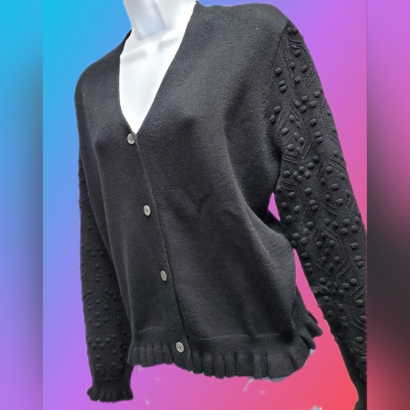 Black Sweater Short Cardigan Puff Pom Sleeves - Picture 8 of 13